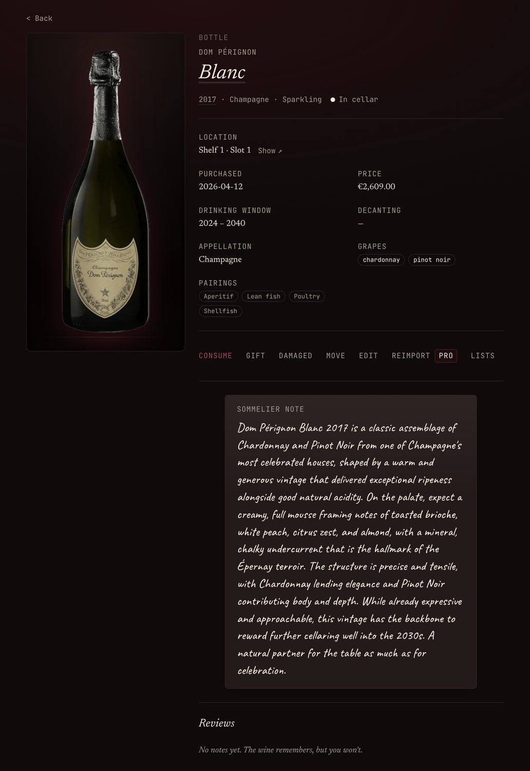 Vinarium bottle page with producer, vintage, tasting notes, and cellar details.