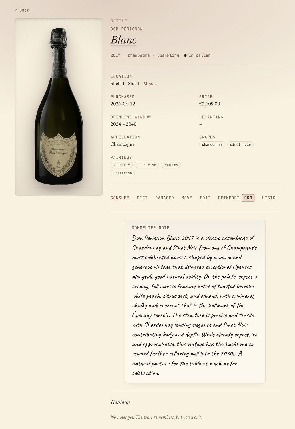 Vinarium bottle page with producer, vintage, tasting notes, and cellar details.