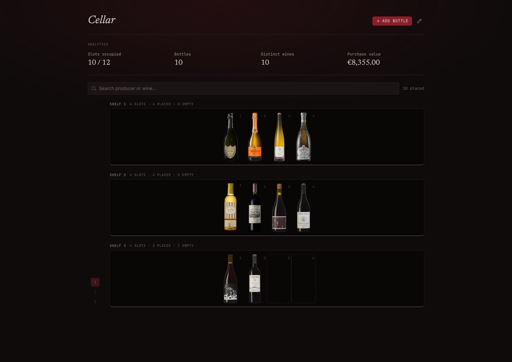 Vinarium cellar grid showing rows of wines and drinking windows.