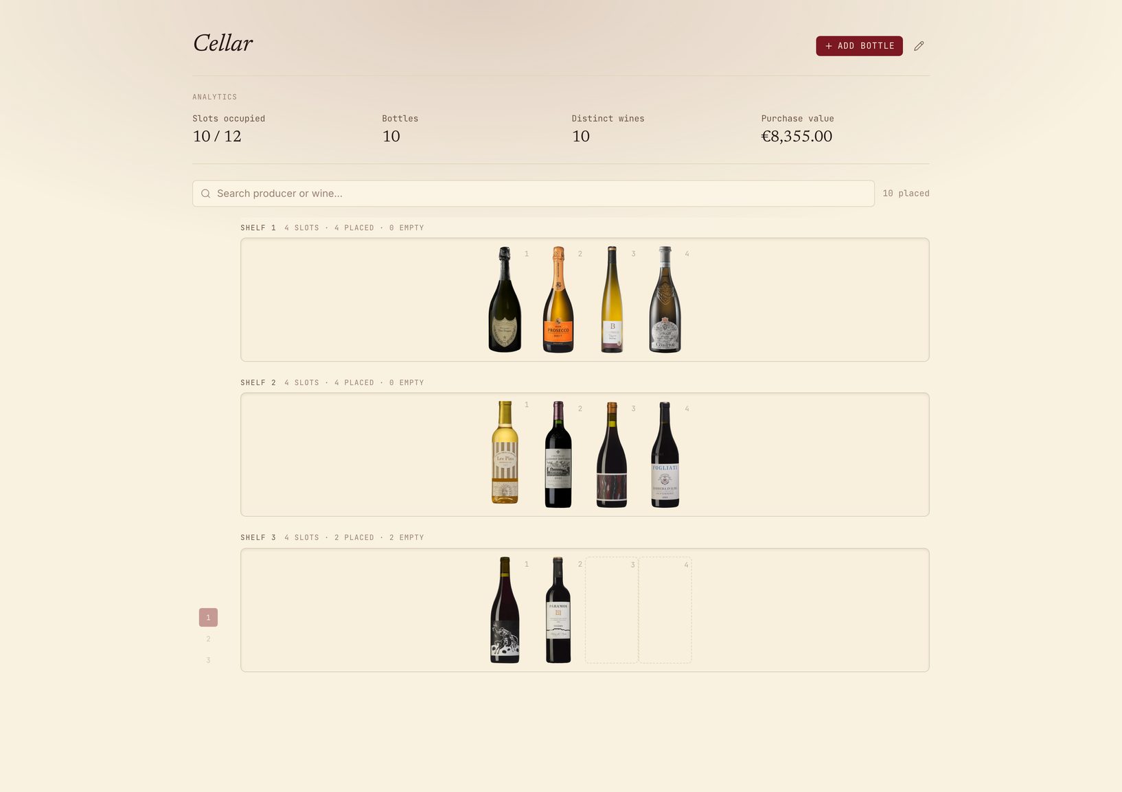 Vinarium cellar grid showing rows of wines and drinking windows.